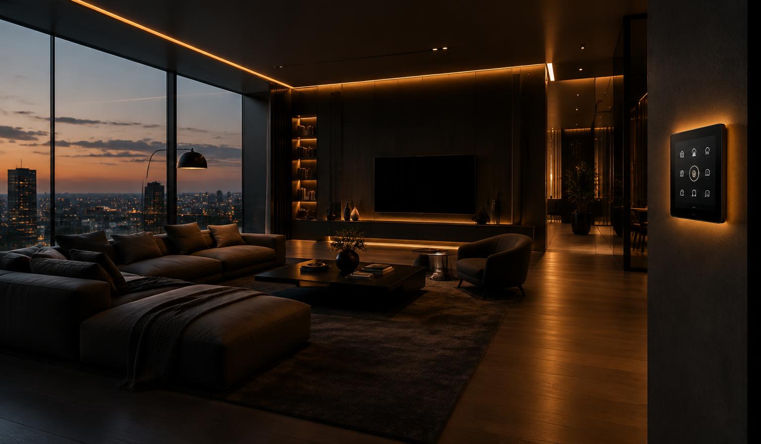 Modernes Smart-Home-Wohnzimmer mit stimmungsvoller Beleuchtung